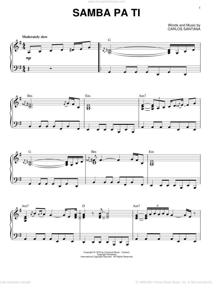 Samba Pa Ti sheet music for piano solo by Carlos Santana, intermediate skill level
