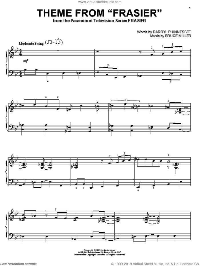 Theme From Frasier sheet music for piano solo by Bruce Miller and Darryl Phinnessee, intermediate skill level