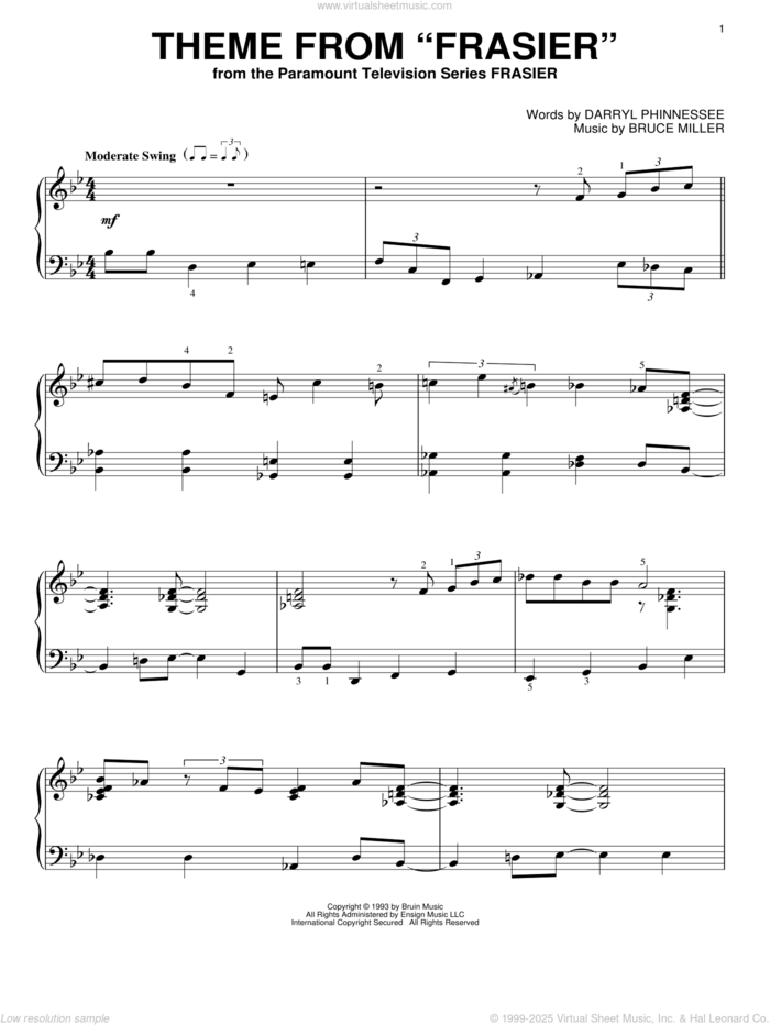 Theme From Frasier sheet music for piano solo by Bruce Miller and Darryl Phinnessee, intermediate skill level