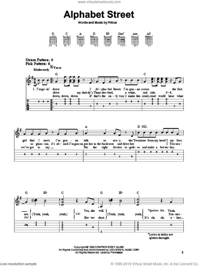 Alphabet Street sheet music for guitar solo (easy tablature) by Prince, easy guitar (easy tablature)