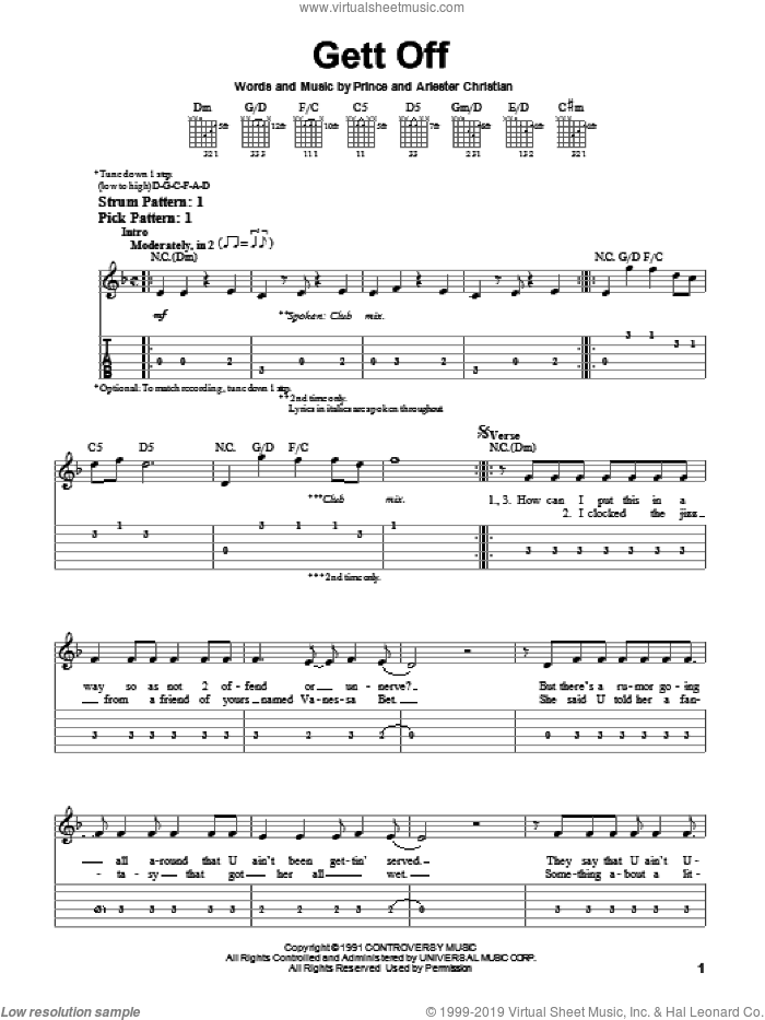 Gett Off sheet music for guitar solo (easy tablature) by Prince and Arlester Christian, easy guitar (easy tablature)