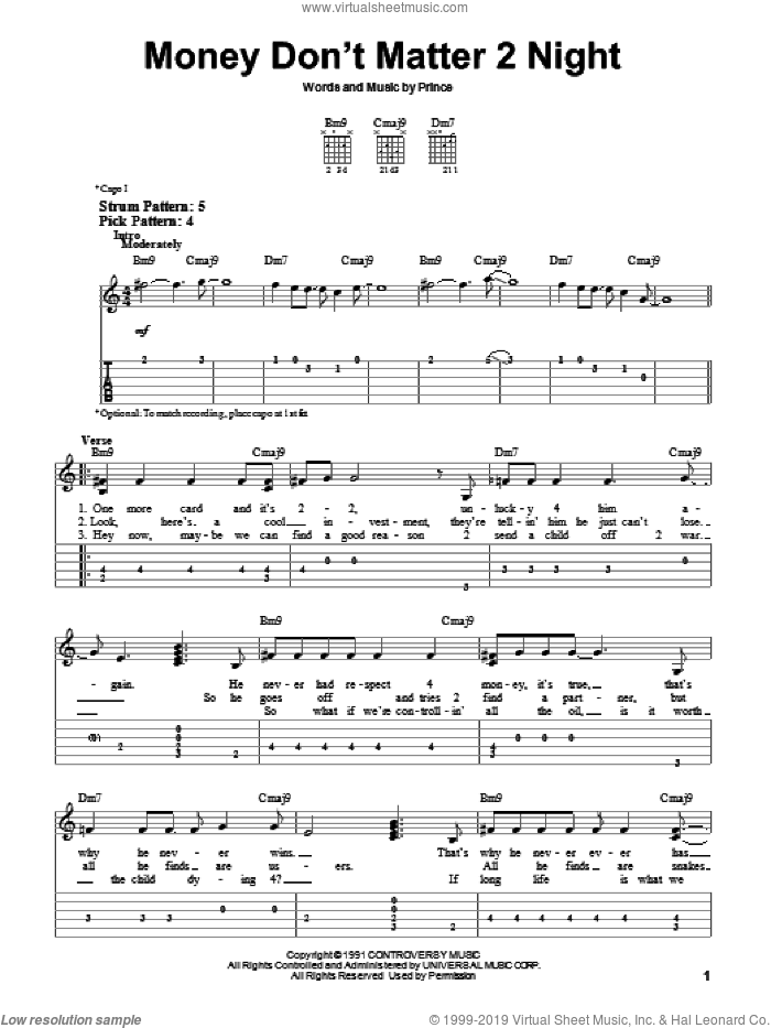 Money Don't Matter 2 Night sheet music for guitar solo (easy tablature) by Prince, easy guitar (easy tablature)