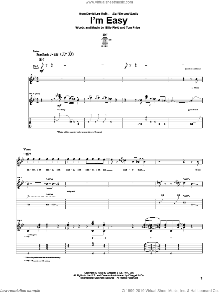 I'm Easy sheet music for guitar (tablature) by David Lee Roth, Billy Field and Tom Price, intermediate skill level