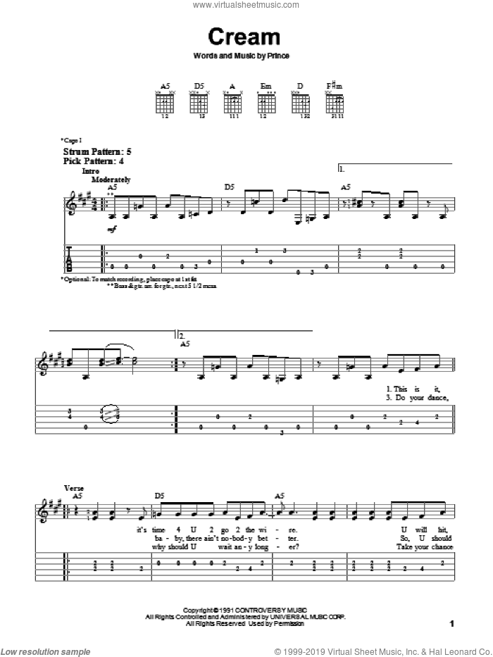 Cream sheet music for guitar solo (easy tablature) by Prince, easy guitar (easy tablature)