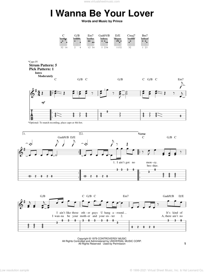 I Wanna Be Your Lover sheet music for guitar solo (easy tablature) by Prince, easy guitar (easy tablature)