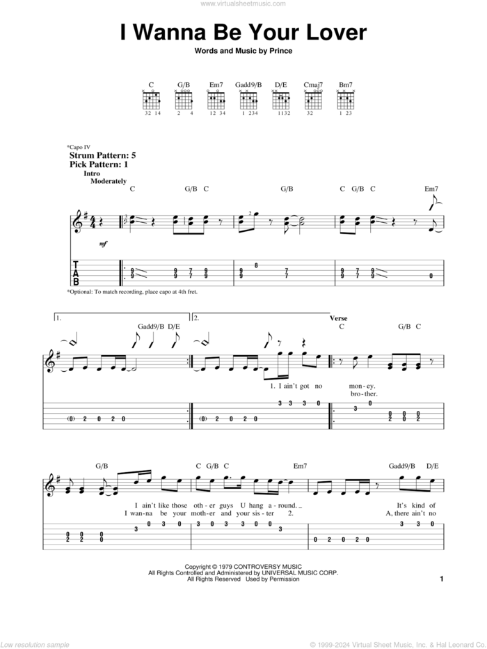 I Wanna Be Your Lover sheet music for guitar solo (easy tablature) by Prince, easy guitar (easy tablature)