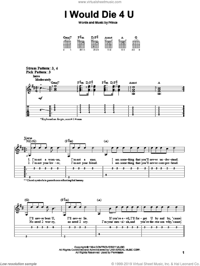 I Would Die 4 U sheet music for guitar solo (easy tablature) by Prince, easy guitar (easy tablature)