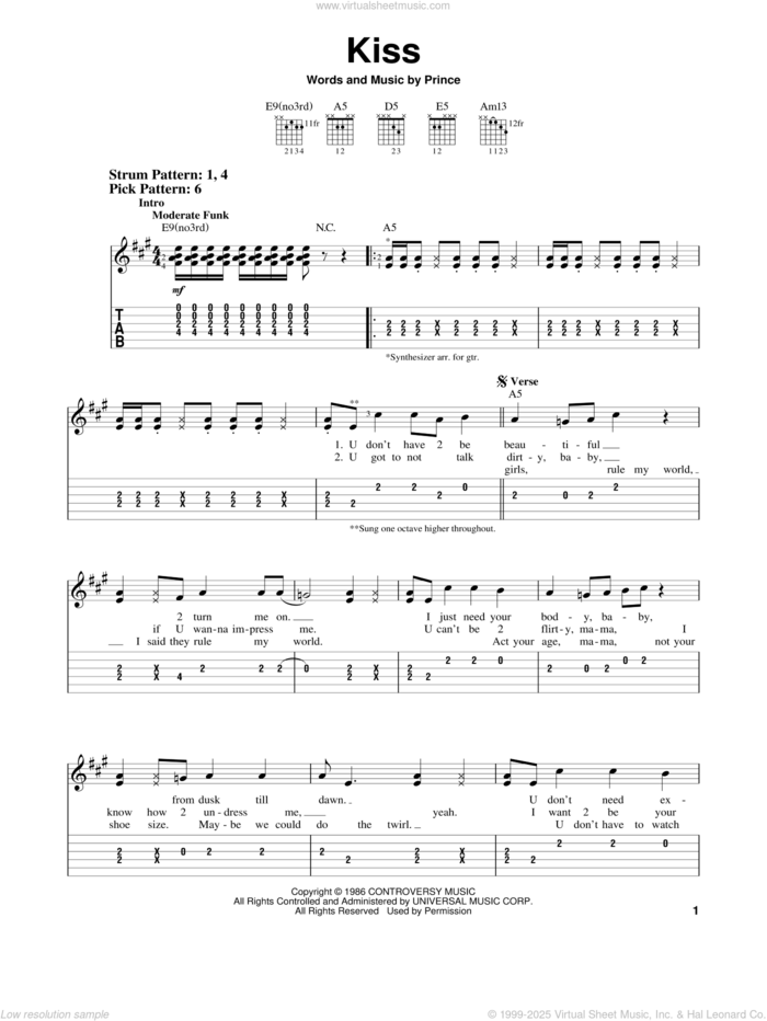 Kiss sheet music for guitar solo (easy tablature) by Prince, easy guitar (easy tablature)