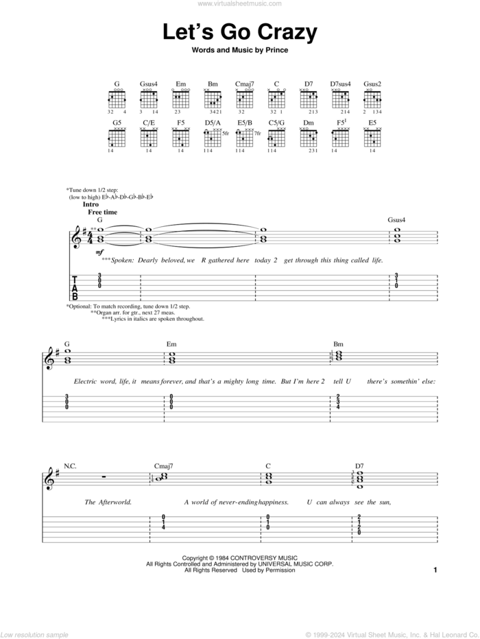 Let's Go Crazy sheet music for guitar solo (easy tablature) by Prince, easy guitar (easy tablature)