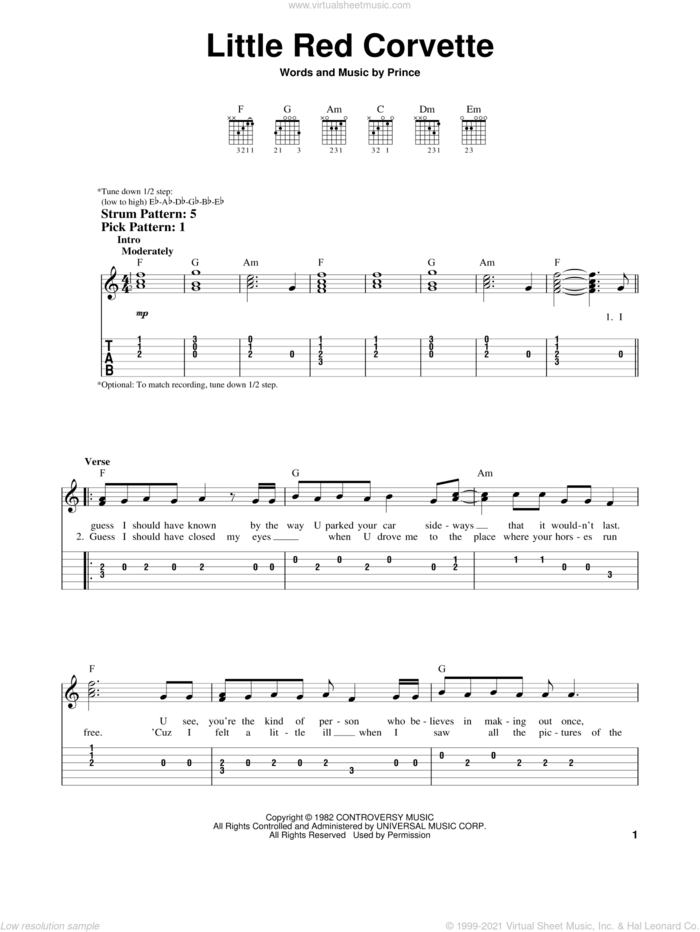 Little Red Corvette sheet music for guitar solo (easy tablature) by Prince, easy guitar (easy tablature)
