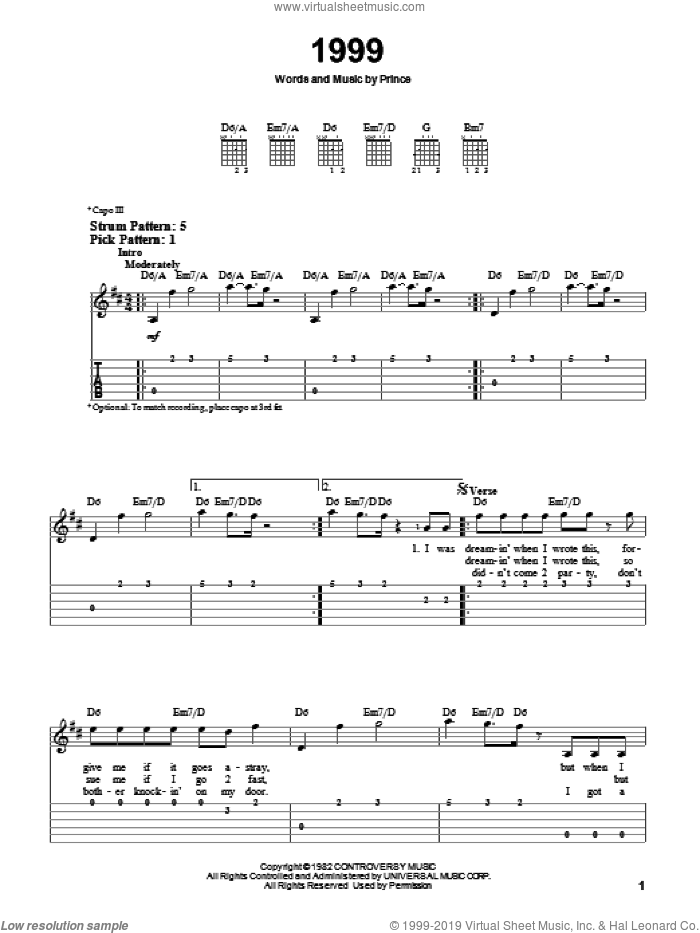 1999 sheet music for guitar solo (easy tablature) by Prince, easy guitar (easy tablature)