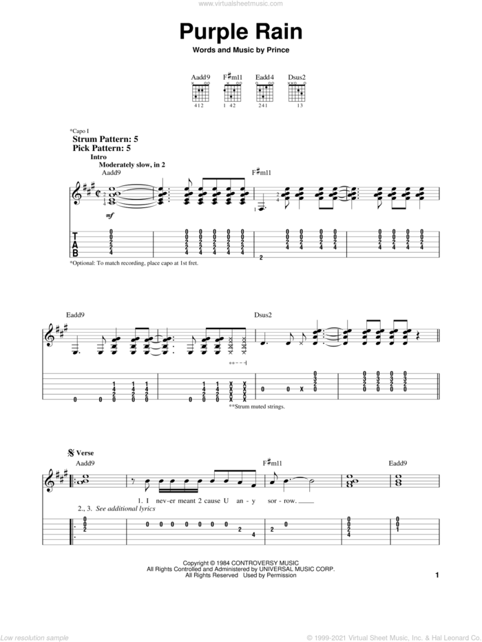 Purple Rain sheet music for guitar solo (easy tablature) by Prince, easy guitar (easy tablature)