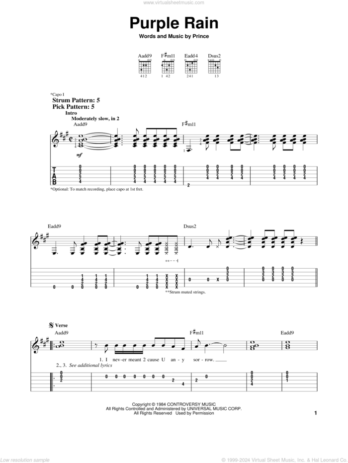 Purple Rain sheet music for guitar solo (easy tablature) by Prince, easy guitar (easy tablature)