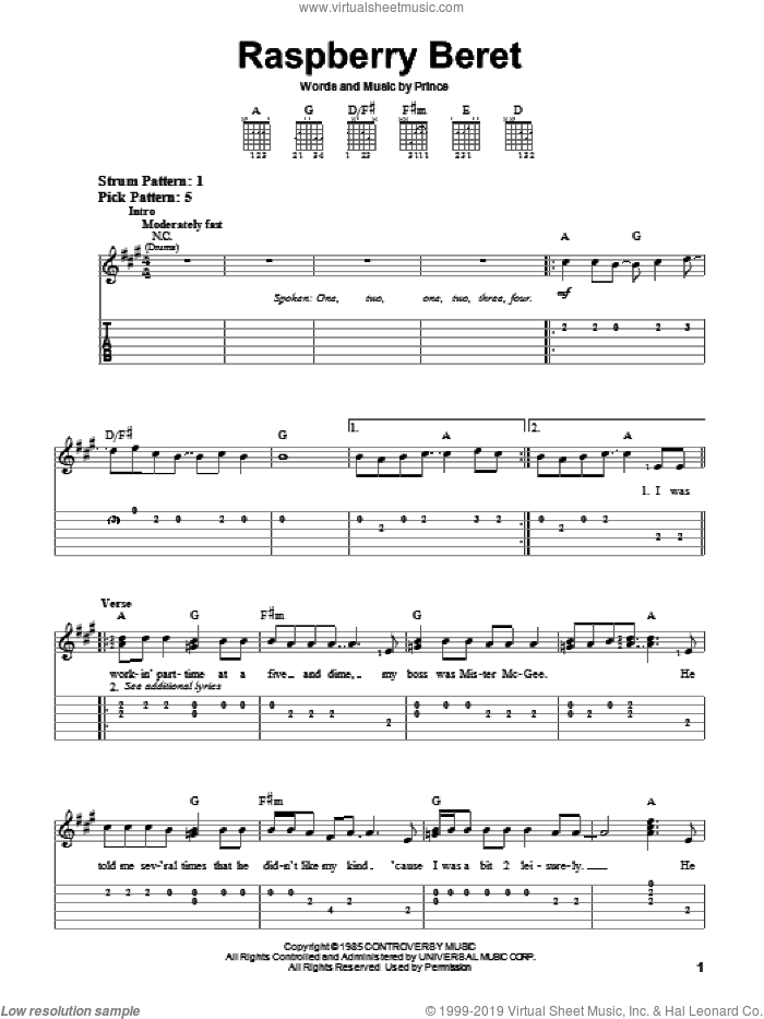 Raspberry Beret sheet music for guitar solo (easy tablature) by Prince, easy guitar (easy tablature)