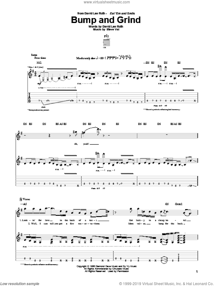 Bump And Grind sheet music for guitar (tablature) by David Lee Roth and Steve Vai, intermediate skill level