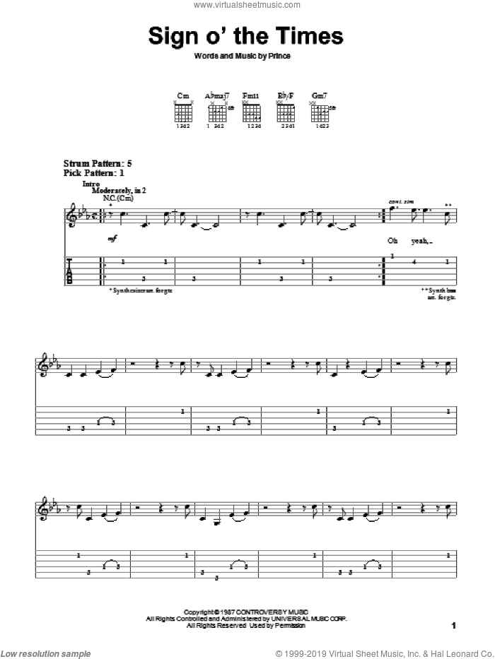 Sign O' The Times sheet music for guitar solo (easy tablature) by Prince, easy guitar (easy tablature)
