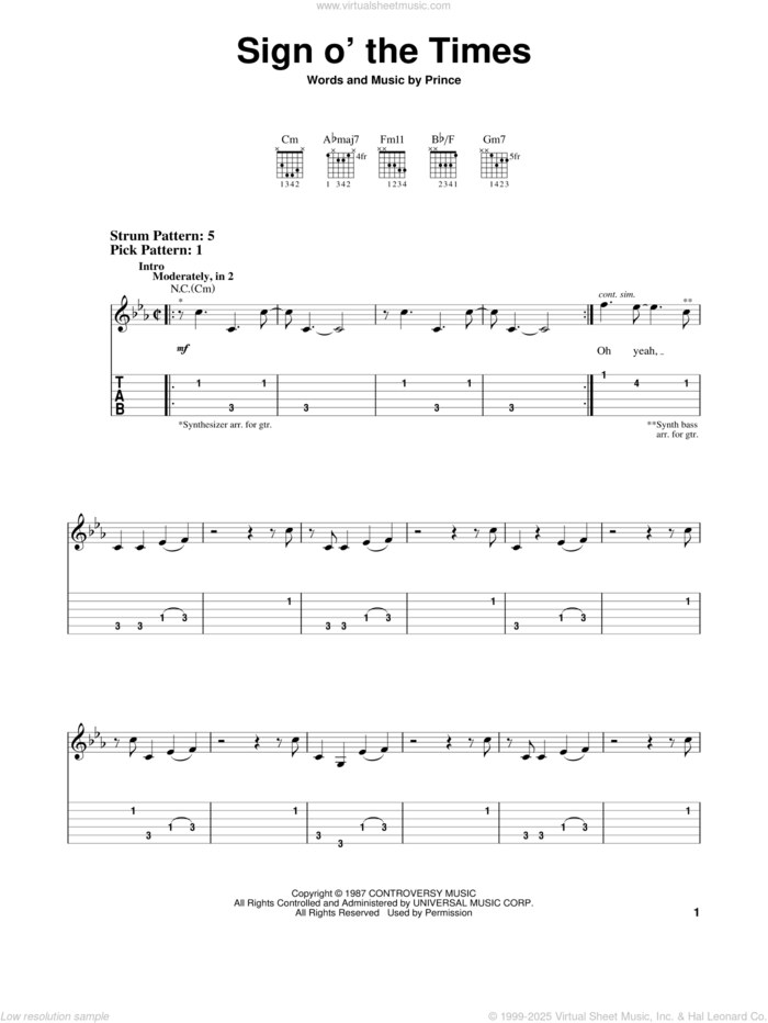 Sign O' The Times sheet music for guitar solo (easy tablature) by Prince, easy guitar (easy tablature)