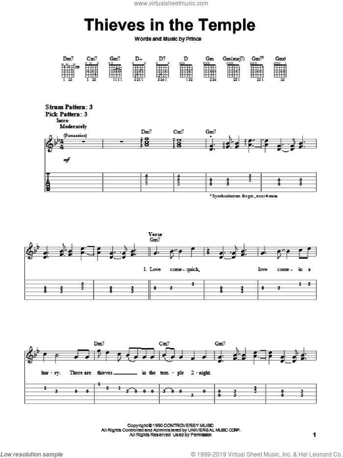 Thieves In The Temple sheet music for guitar solo (easy tablature) by Prince, easy guitar (easy tablature)