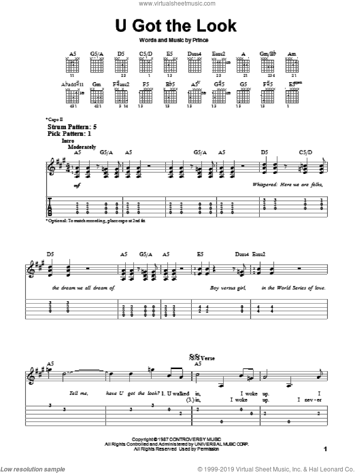 U Got The Look sheet music for guitar solo (easy tablature) by Prince, easy guitar (easy tablature)