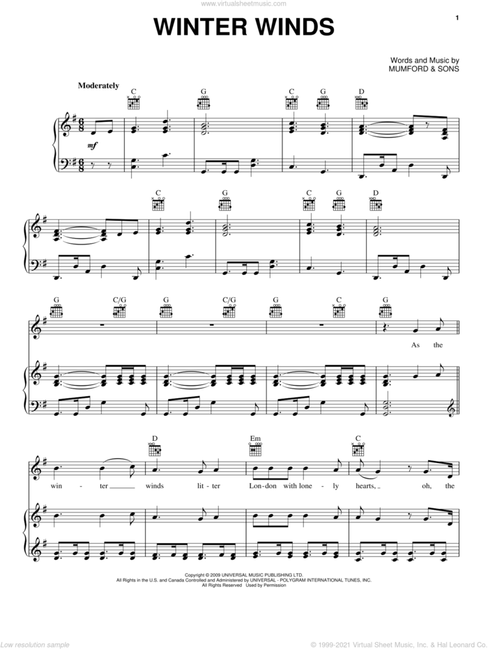 Winter Winds sheet music for voice, piano or guitar by Mumford & Sons, intermediate skill level