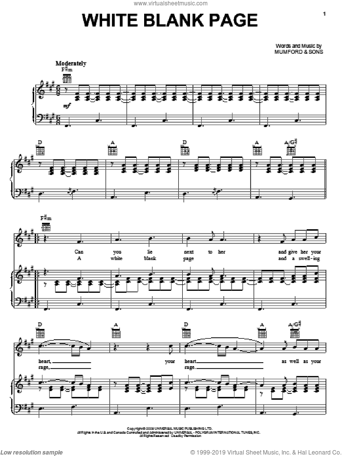 White Blank Page sheet music for voice, piano or guitar by Mumford & Sons, intermediate skill level