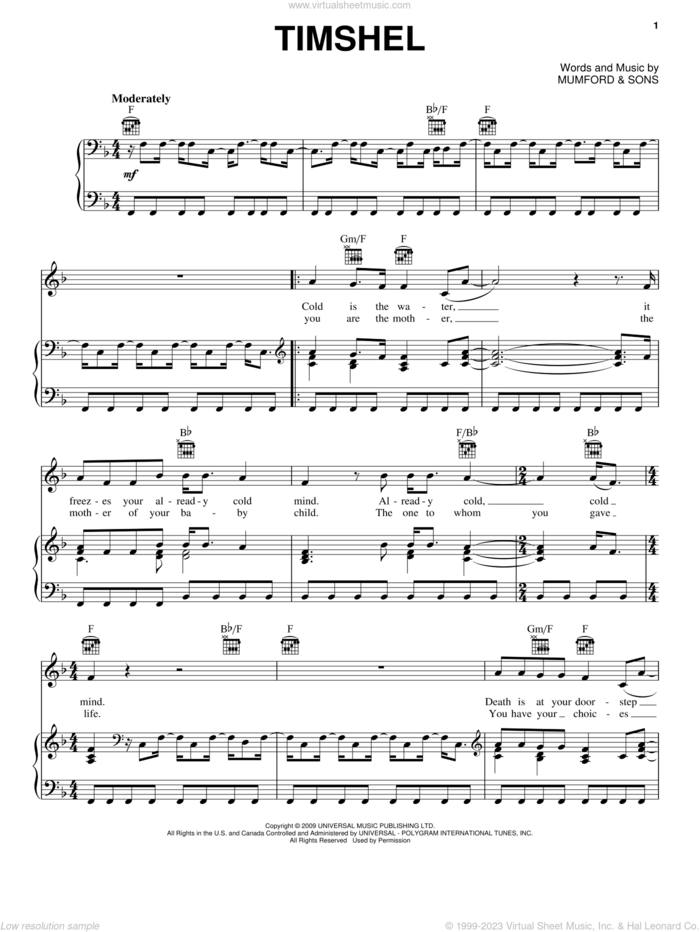 Timshel sheet music for voice, piano or guitar by Mumford & Sons, intermediate skill level