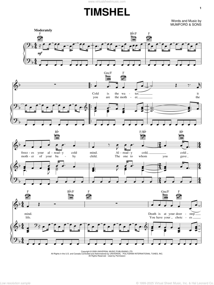 Timshel sheet music for voice, piano or guitar by Mumford & Sons, intermediate skill level