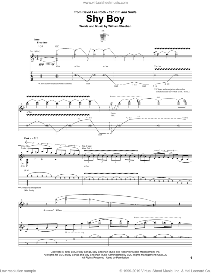 Shy Boy sheet music for guitar (tablature) by David Lee Roth, Mr. Big and Billy Sheehan, intermediate skill level