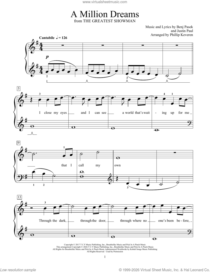 A Million Dreams (from The Greatest Showman) sheet music for piano solo (elementary) by Benj Pasek, Mona Rejino, Phillip Keveren, Miscellaneous, Justin Paul and Pasek & Paul, beginner piano (elementary)