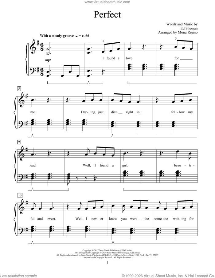 Perfect sheet music for piano solo (elementary) by Ed Sheeran, Mona Rejino and Phillip Keveren, beginner piano (elementary)