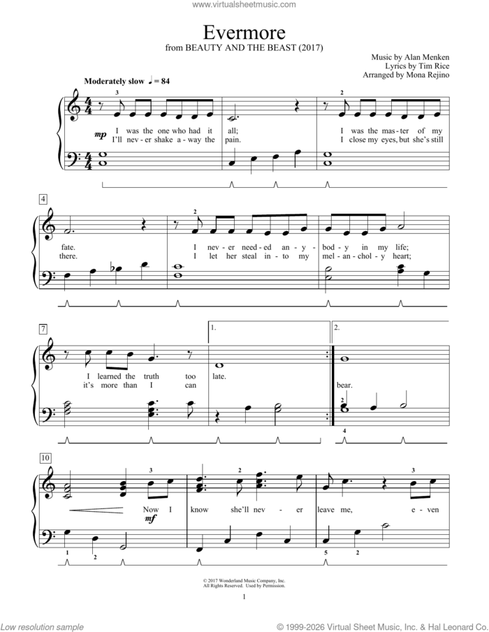 Evermore (from Beauty And The Beast) sheet music for piano solo (elementary) by Alan Menken, Mona Rejino, Phillip Keveren and Tim Rice, beginner piano (elementary)