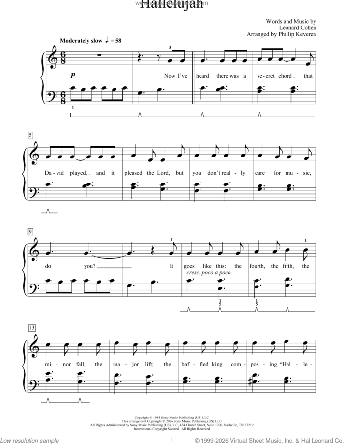 Hallelujah sheet music for piano solo (elementary) by Leonard Cohen, Mona Rejino and Phillip Keveren, beginner piano (elementary)