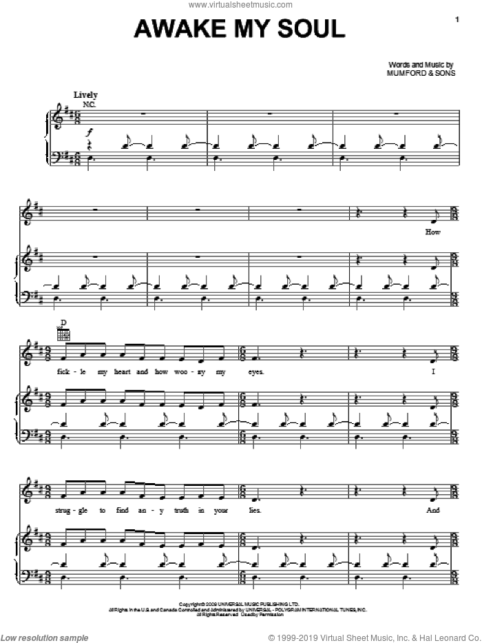 Awake My Soul sheet music for voice, piano or guitar by Mumford & Sons, intermediate skill level