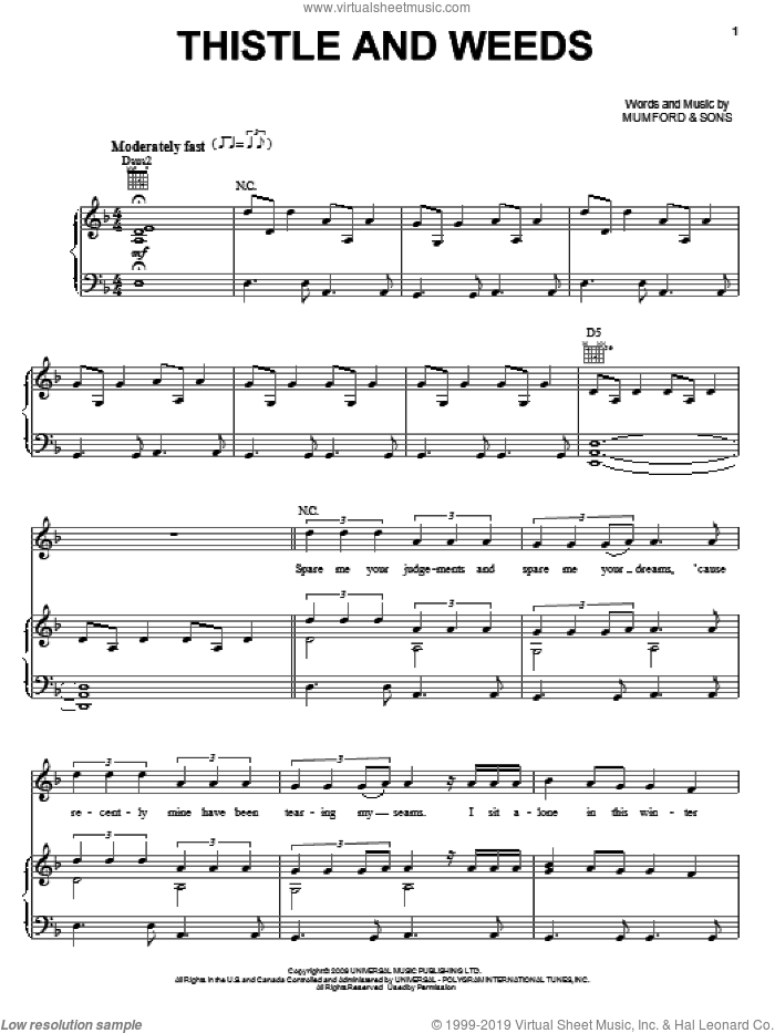 Thistle And Weeds sheet music for voice, piano or guitar by Mumford & Sons, intermediate skill level
