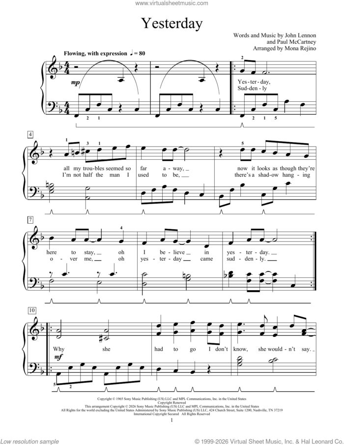 Yesterday sheet music for piano solo (elementary) by The Beatles, Mona Rejino, Phillip Keveren, John Lennon and Paul McCartney, beginner piano (elementary)