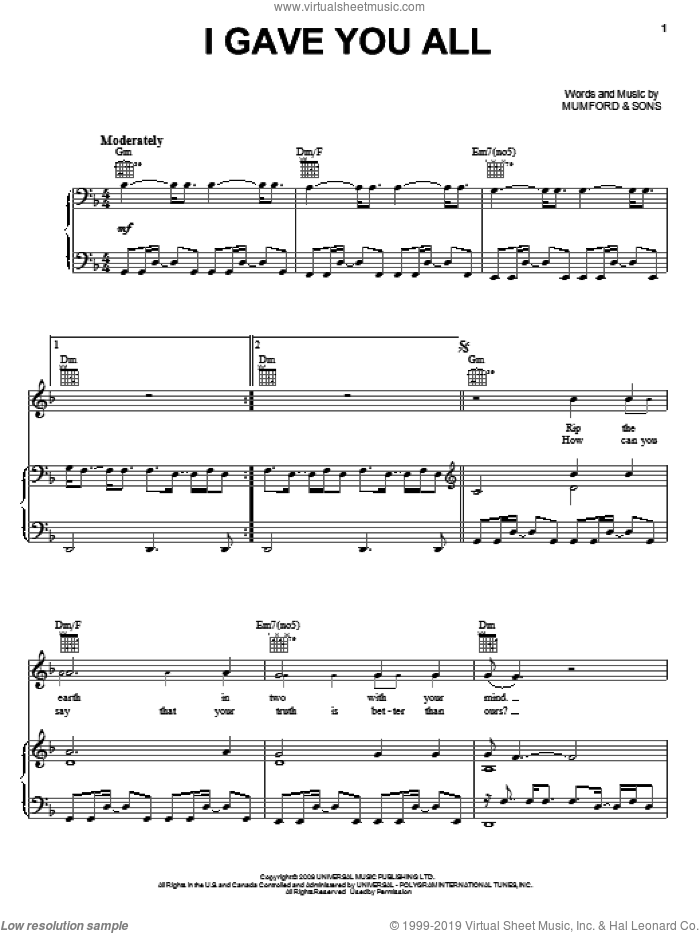 I Gave You All sheet music for voice, piano or guitar by Mumford & Sons, intermediate skill level