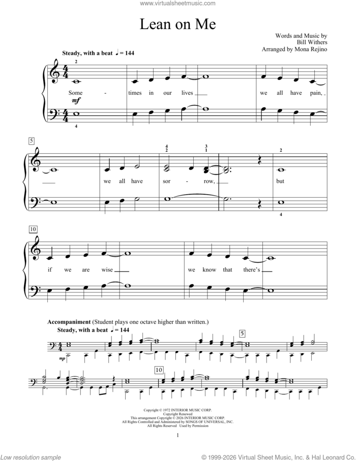 Lean On Me sheet music for piano solo (elementary) by Bill Withers, Mona Rejino and Phillip Keveren, beginner piano (elementary)