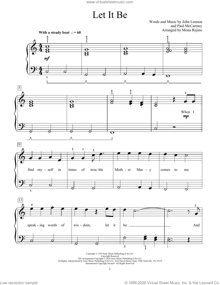 Let It Be sheet music for piano solo (elementary) by The Beatles, Mona Rejino, Phillip Keveren, John Lennon and Paul McCartney, beginner piano (elementary)