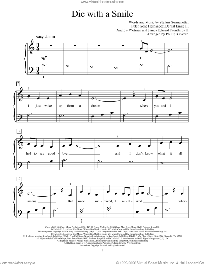 Die With A Smile sheet music for piano solo (elementary) by Bruno Mars & Lady Gaga, Mona Rejino, Phillip Keveren, Andrew Wotman (Andrew Watt), Dernst Emile II, James Fauntleroy, Lady Gaga and Peter Gene Hernandez, beginner piano (elementary)