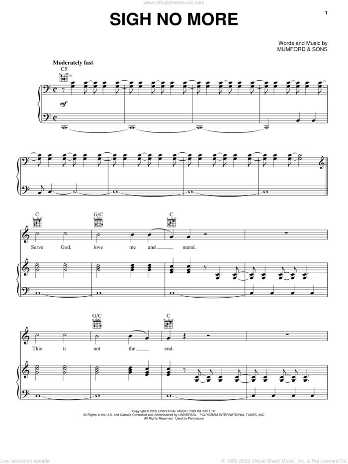 Sigh No More sheet music for voice, piano or guitar by Mumford & Sons, intermediate skill level