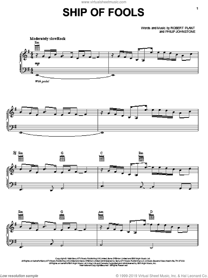 Ship Of Fools sheet music for voice, piano or guitar by Robert Plant and Philip Johnstone, intermediate skill level
