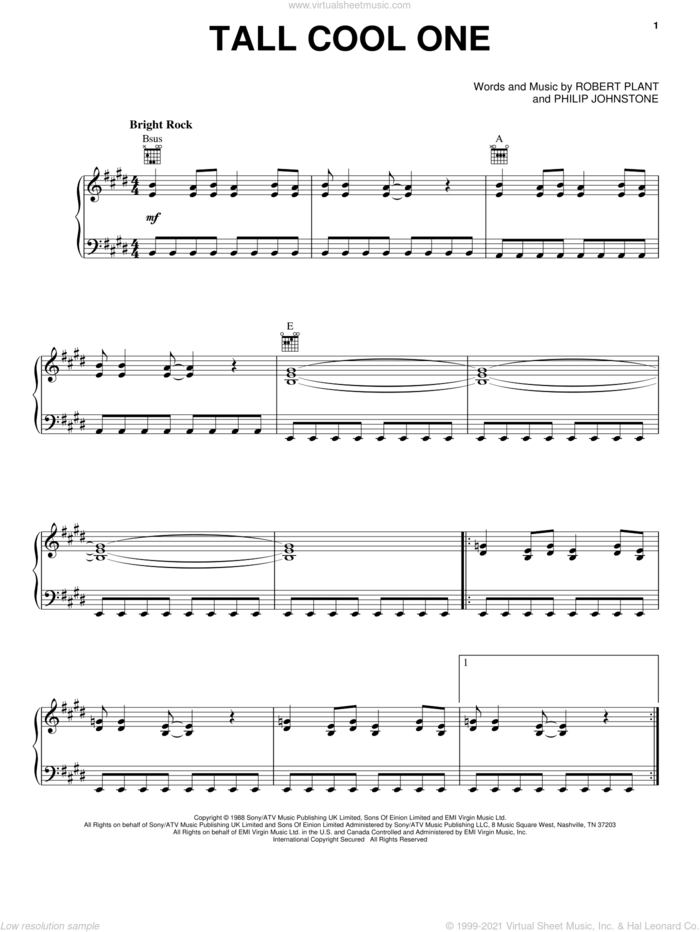 Tall Cool One sheet music for voice, piano or guitar by Robert Plant and Philip Johnstone, intermediate skill level