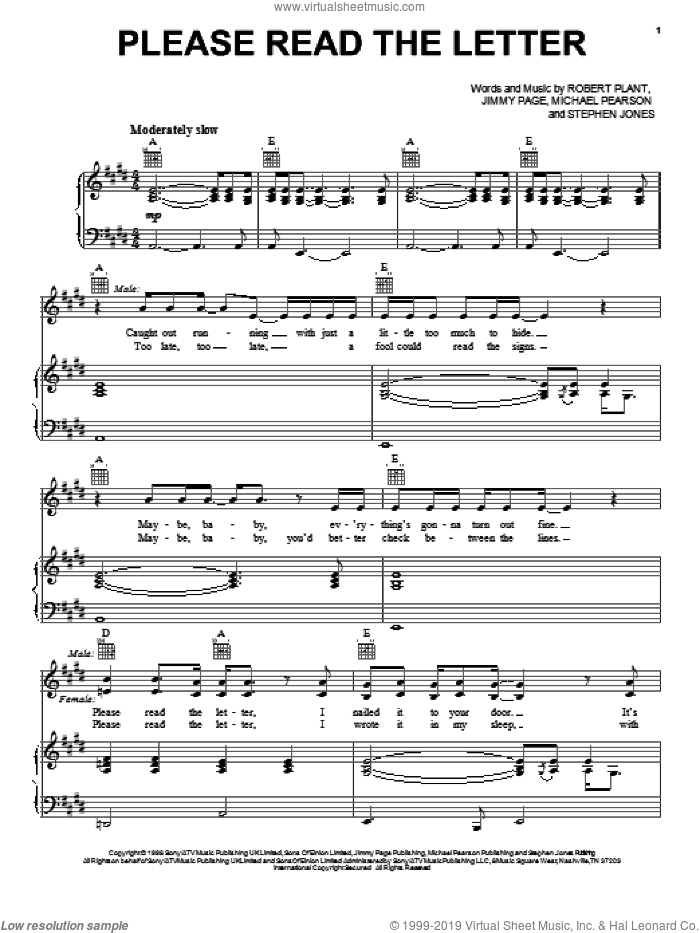 Please Read The Letter sheet music for voice, piano or guitar by Robert Plant, Jimmy Page, Michael Pearson and Steve Jones, intermediate skill level