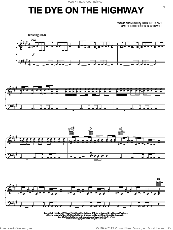 Tie Dye On The Highway sheet music for voice, piano or guitar by Robert Plant and Christopher Blackwell, intermediate skill level