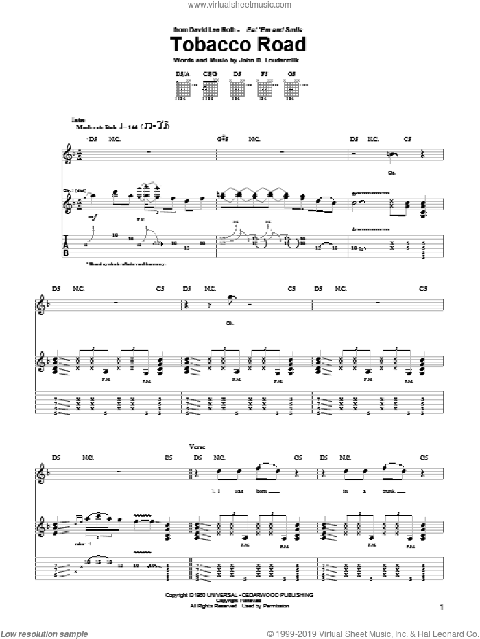 Tobacco Road sheet music for guitar (tablature) by David Lee Roth, The Nashville Teens and John D. Loudermilk, intermediate skill level
