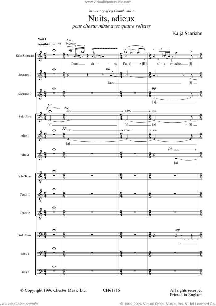 Nuits, Adieu sheet music for choir (SATB: soprano, alto, tenor, bass) by Saariaho and Kaija Saariaho, classical score, intermediate skill level
