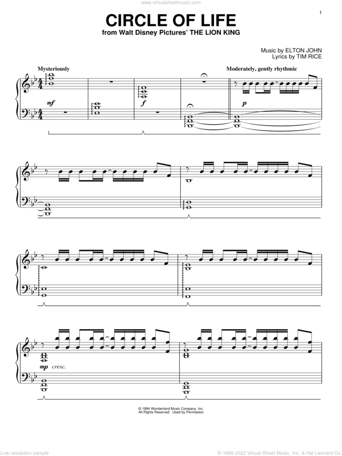 Circle Of Life (from The Lion King), (intermediate) sheet music for piano solo by Elton John, The Lion King and Tim Rice, intermediate skill level