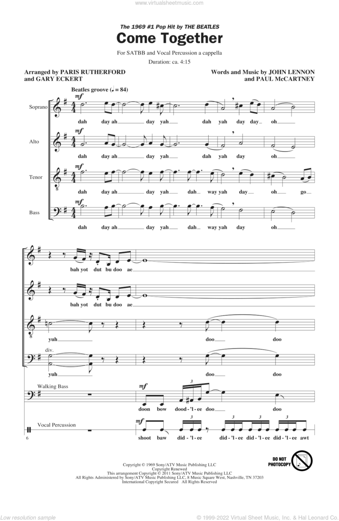 Come Together sheet music for choir (SATB: soprano, alto, tenor, bass) by Paul McCartney, John Lennon, Gary Eckert, Paris Rutherford and The Beatles, intermediate skill level