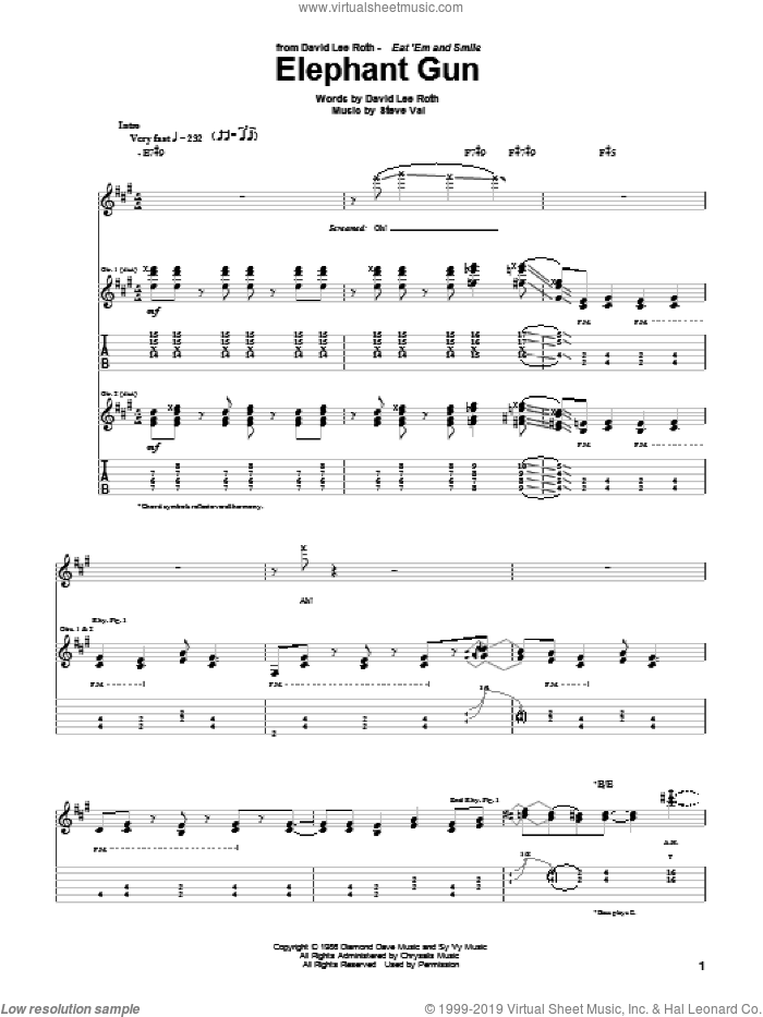 Elephant Gun sheet music for guitar (tablature) by David Lee Roth and Steve Vai, intermediate skill level