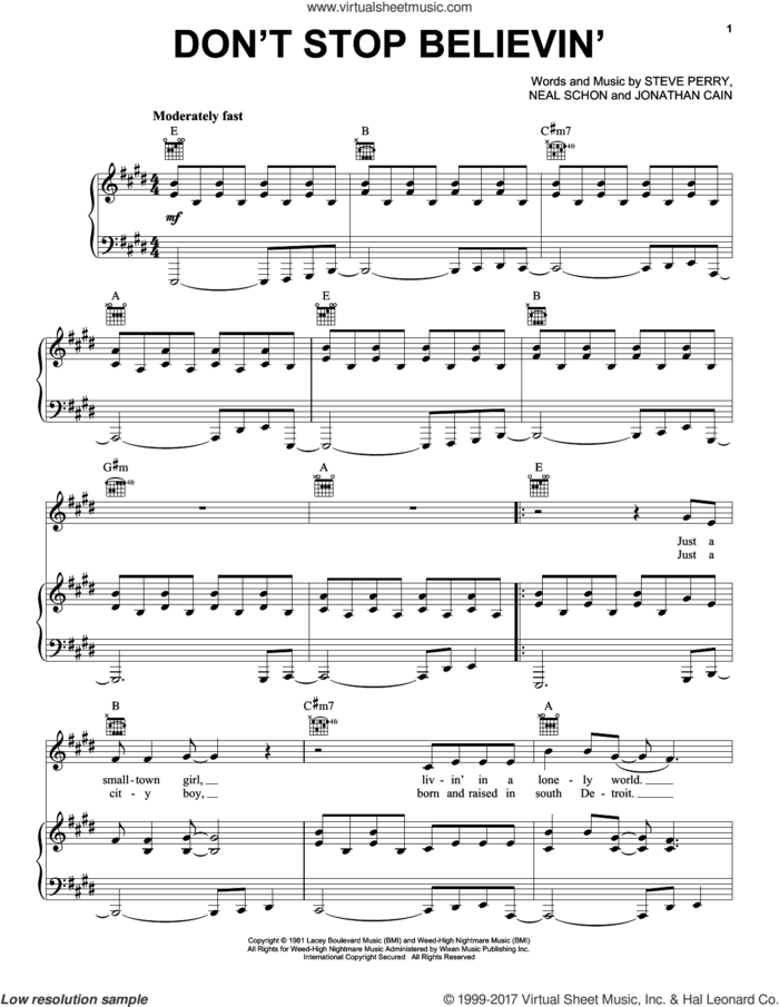 Don't Stop Believin' sheet music for voice, piano or guitar by Journey, Jonathan Cain, Neal Schon and Steve Perry, intermediate skill level